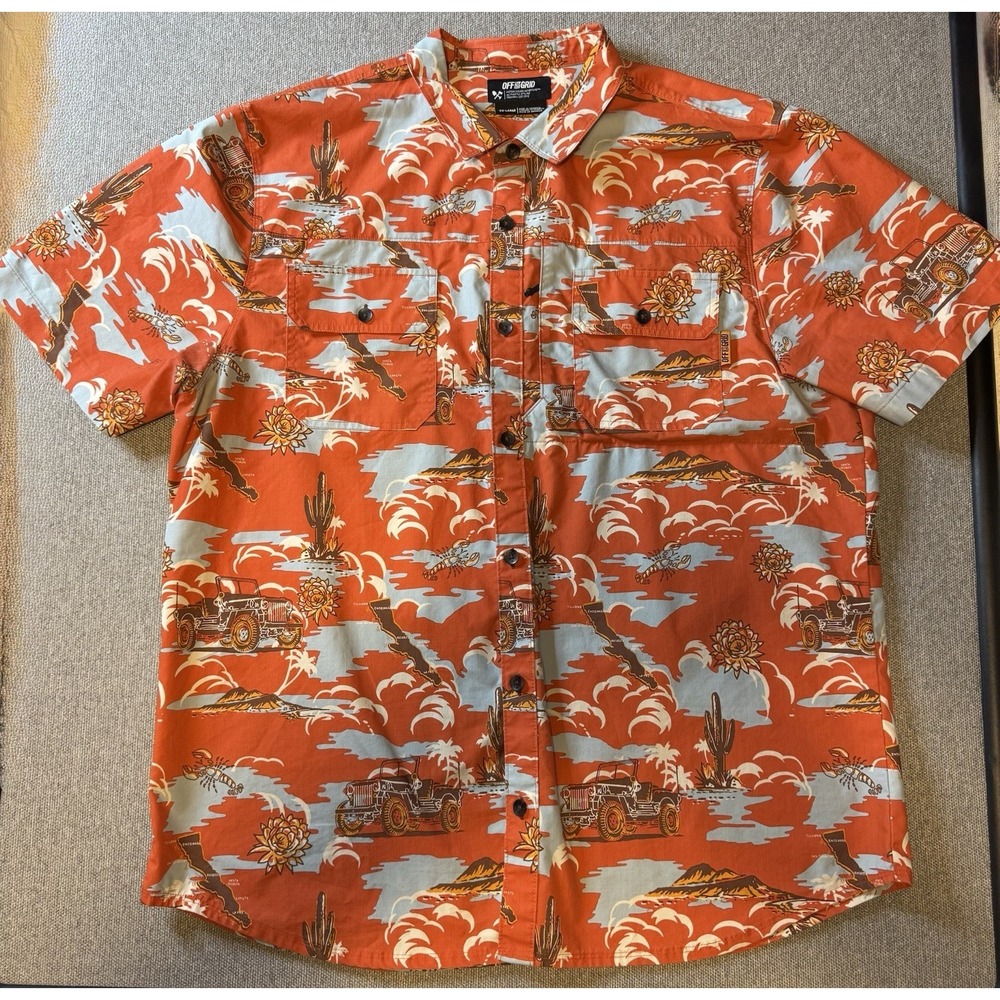 Off The Grid Hawaiian Button Up Shirt Mens 3XL Orange Short Sleeve Ripstop